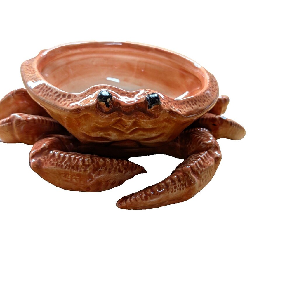Vintage Fitz and Floyd Crab Shaped Ceramic Butter Bowl & Spoon Set Glossy Brown